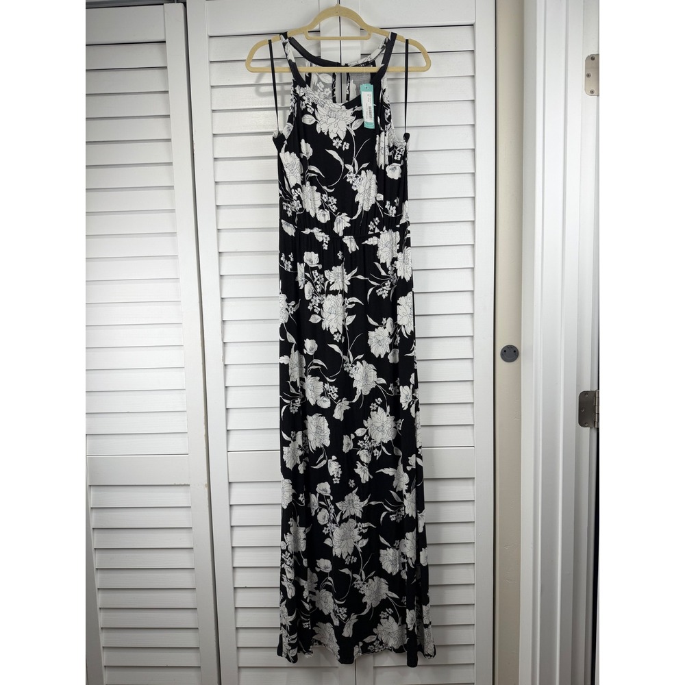 Papermoon Maxi Dress XL Black Floral Knit Halter Keyhole Back NEW